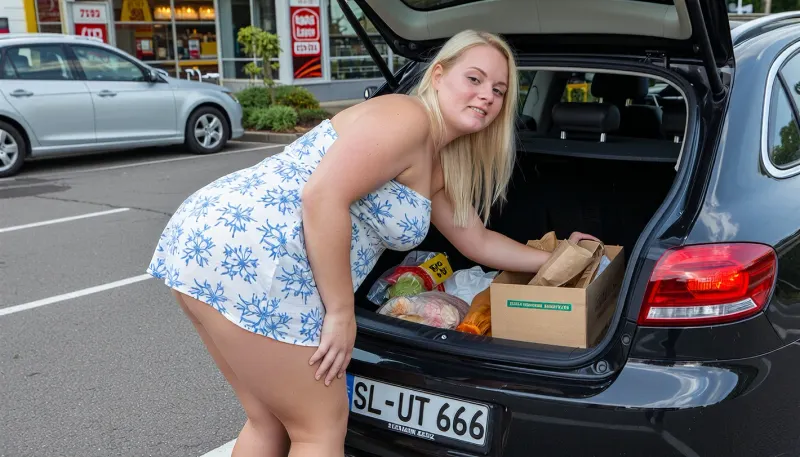 A fat old mom, blonde, morbidly obese, ssbbw, wearing short thigth summer dress, hot summer day, she is loading groceries in the trunk of her car at the supermarket parking lot, the german car plate is "SL-UT 666"