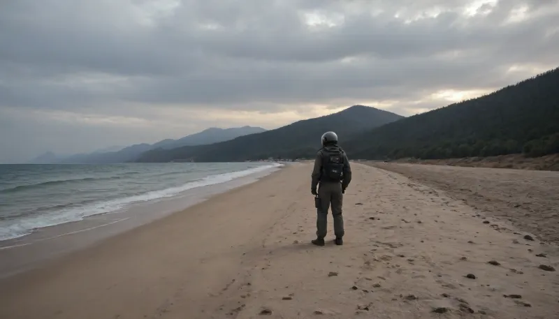 each color is solid and separated from the other by a thin line of a darker shade, bright yellow sand beach with the dunes which contours outlined by dark brown lines in the foreground flows into the soft shapes of the high mountains in the background, their contours outlined by dark grey lines, sky is dark blue, turning into purple in the distance, with red reflections over the mountains, it must be evening, aquamarine of the reservoir complete width of the field of view separates the beach from the mountains on the horizon, lonely small figure of a human in bright silver metal spacesuit with black face shield stands in foreground on the beach, lonely trail of footprints stretches across the sand from the human to the edge of the image, the human moves away from the viewer, visible from the back or from aside, laconism and graphics in the drawing of landscape evoke poster in constructivism style and enhance the dramatic effect, is enhanced by the light, which gives almost no shadows, the image is a symbol of loneliness and lostness in space