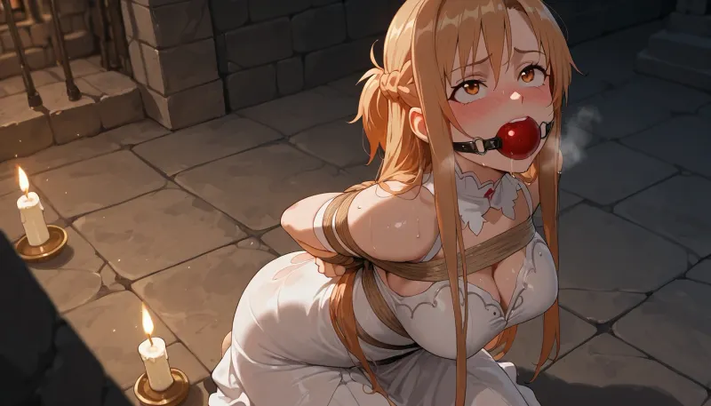 Asuna Yuuki from Sword Art Online, kneeling on a stone floor in a castle, wearing a torn blue and white princess dress, (beige rope bondage:1.4), wrapping around her torso, arms and legs in a complex pattern, red ballgag in mouth, (sweat on skin, blushing, eyes looking up in submission), castle walls in background, dim candlelight, anime art style, fanart, explicit, nsfw