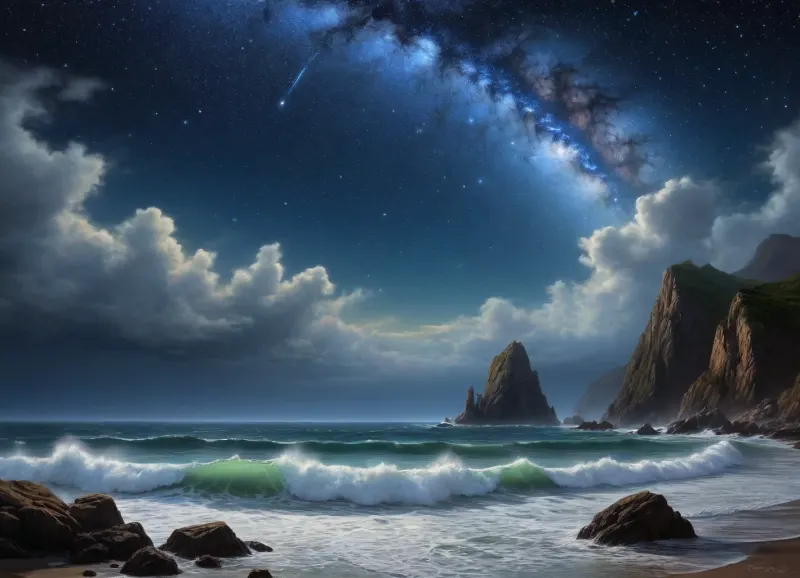 A deep blue night filled with stars. The last wave stirred the sea. It is boiling very vigorously. The waves were crashing rapidly against the rocks. Terrifying fluffy clouds are flying in the sky. The Milky Way peeked out from the clouds, slightly illuminating the sea and the rocky coastline in the distance. The stars sparkled like diamonds on foam lace. The beginning of the enlightenment of nature brought a calm to the "last cloud" floating in the sky. Usually the work is done quickly, and the way Aivazovsky painted this painting reflects his mental state. In order to depict the halo of the Milky Way, he drew the smallest amount of light. The writing style of the Rocky Mountains is different, with almost no starlight shining on them. They are depicted as broad masses of darkness, with darker tones than the sky. The sparse details of their shapes can still distinguish steep cliff fractures, cracks in the mountains, and scattered stones on the surfing edges. The part of the sea where starlight does not penetrate is also written wide. The waves are crashing against the coastal cliffs, and the Milky Way stars are casting a phosphorescent hue.