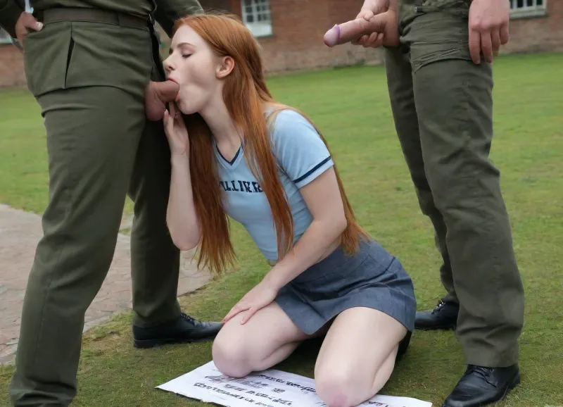 (a girl being brutally bullied by soldiers), girl is slim with long ginger hair, girl is wearing torn clothes, girl has bruised body, school yard, best quality photograph, intricate details, ultra-detailed, masterpiece, finely detailed, highres, 8k wallpaper, photographic look, praying, own, hands, together, on her knees lashed, next to sign