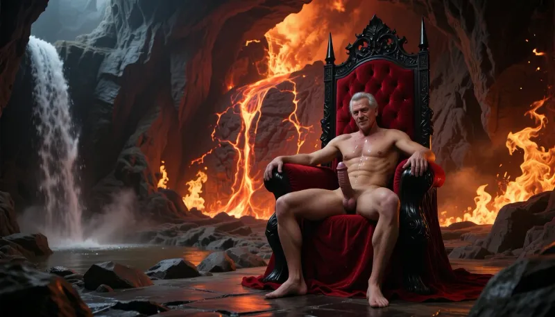 A massive, dark cavern resembling hell — Satan's throne room. The back wall glows with molten lava slowly flowing down its surface. The cave walls are engulfed in roaring flames, casting a fiery glow across the chamber. On the left side, a large waterfall pours into a small, steaming rock basin. In front of the glowing lava wall stands an enormous black throne, upholstered with rich red velvet — Satan's throne. Satan sits on it, occupying only half the width of the seat. He is completely naked. he is 70 years old. His Penis is hard and big and dripping cum. He has a subtle, almost imperceptible smile on his face, and his arms are extended as if inviting the viewer into his embrace. The atmosphere is intense, infernal, and photorealistic, with dramatic lighting, shadows, and smoke."