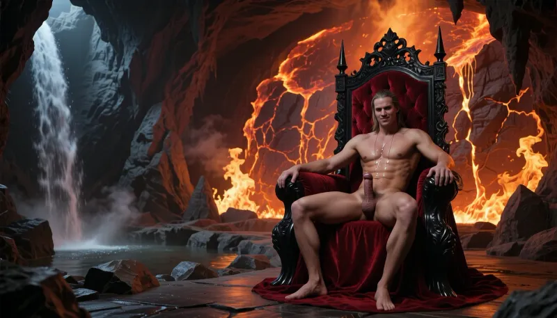 A massive, dark cavern resembling hell — Satan's throne room. The back wall glows with molten lava slowly flowing down its surface. The cave walls are engulfed in roaring flames, casting a fiery glow across the chamber. On the left side, a large waterfall pours into a small, steaming rock basin. In front of the glowing lava wall stands an enormous black throne, upholstered with rich red velvet — Satan's throne. Satan sits on it, occupying only half the width of the seat. He is completely naked. His Penis is hard an big and dripping cum.He has a subtle, almost imperceptible smile on his face, and his arms are extended as if inviting the viewer into his embrace. The atmosphere is intense, infernal, and photorealistic, with dramatic lighting, shadows, and smoke."