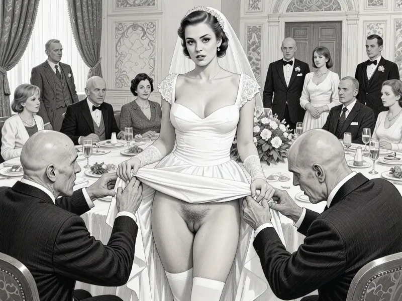 This is is a detailed monochromatic pencil drawing in a classical illustrative style depicts a scene set in USSR, in 1950s, a striking busty bride in a white dress, ((2 ugly bald old men roughly pawing her labia with their fingers)), 2 ugly bald old men mocking, on a festive table during the wedding banquet, She lifts the hem of her wedding dress with her hands, hairy pussy, her white stockings are visible, family and parents are watching in their best clothes, a large banquet hall, They celebrate the wedding without noticing the bride, The overall mood is intense, rendered in fine, expressive line work and subtle shading, evoking the style of 1950s satirical or moralistic illustrations.