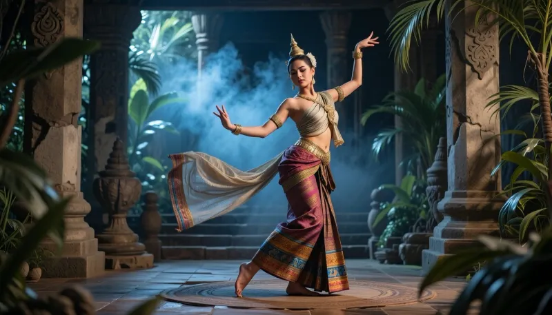 A photorealistic scene set in an ancient Thai temple, featuring a beautiful Thai dancer in traditional attire. The dancer is performing an elegant, graceful dance, her movements fluid and captivating. Her clothing is intricately detailed, with vibrant colors and traditional patterns. The setting is lush and atmospheric, with ancient stone structures, tropical plants, and soft, natural lighting. The dancer’s face and body are depicted with exquisite detail, capturing the elegance and grace of the moment. The scene is designed to be both sensual and highly detailed, focusing on the dancer’s expression, attire, and the ambiance of the temple, (high resolution:1.5), 8k, perfect realistic photo, smoky blues toward the back of the room. Volumetric smoke effects, highly detailed vintage fabrics, soft cinematic depth, Parisian cabaret elegance, 19th-century atmosphere, richly textured environment., (maximum photo quality:1.4), (maximum resolution:1.5)