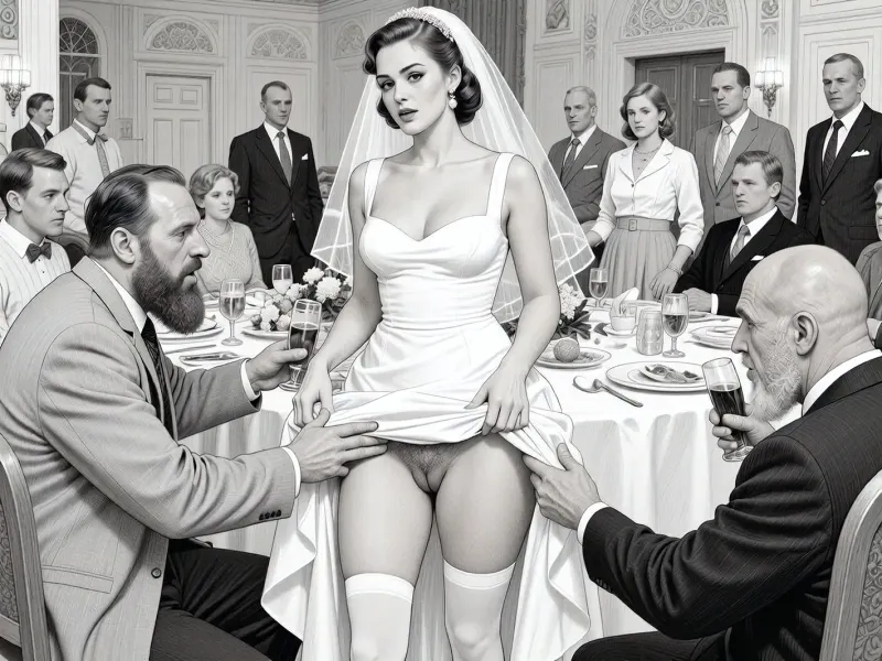 This is is a detailed monochromatic pencil drawing in a classical illustrative style depicts a scene set in USSR, in 1950s, a striking busty bride in a white dress, ((2 drunk Obese ugly hairy bearded Caucasian old men roughly pawing her labia with their fingers)), 2 drunken Obese ugly hairy bearded Caucasian old men mocking, on a festive table during the wedding banquet, She lifts the hem of her wedding dress with her hands, hairy pussy and white stockings are visible, family and parents are watching in their best clothes, a large banquet hall, They celebrate the wedding without noticing the bride, The overall mood is intense, rendered in fine, expressive line work and subtle shading, evoking the style of 1950s satirical or moralistic illustrations.