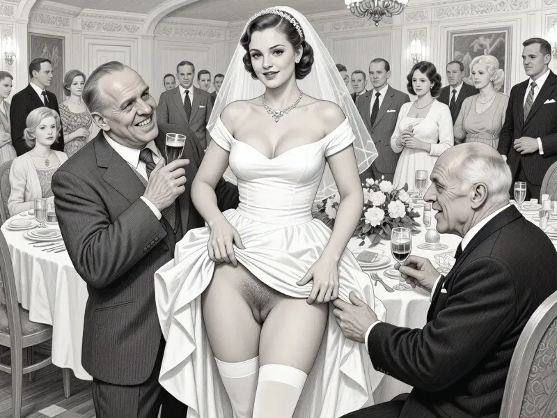 This is is a detailed monochromatic pencil drawing in a classical illustrative style depicts a scene set in USSR, in 1950s, a striking busty bride in a white dress, ((2 drunk ugly fat old men roughly pawing her labia with their fingers)), 2 drunken ugly fat old men mocking, lustful mocking smile men's ugly face, on a festive table during the wedding banquet, She lifts the hem of her wedding dress with her hands, hairy pussy, her white stockings are visible, family and parents are watching in their best clothes, a large banquet hall, They celebrate the wedding without noticing the bride, The overall mood is intense, rendered in fine, expressive line work and subtle shading, evoking the style of 1950s satirical or moralistic illustrations.