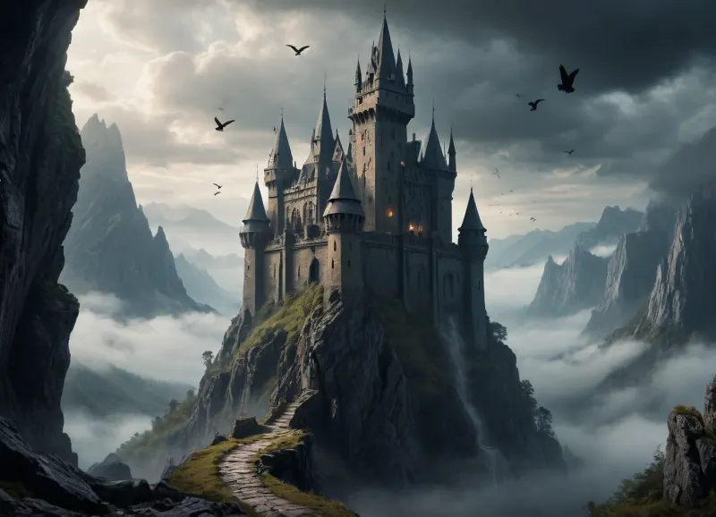 mountains, dark fantasy, fortress on a rock, birds in the sky, gorge, beautiful landscape, fog, high detail, masterpiece, elaborate lighting, gothic style, partial destruction, towers