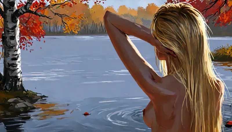 (Vex from skyrim, naked, 30 year old, scandinavian, long blonde hair, detailed face, small breasts, sexy slim body), (bathing pose in a big lake, hands behind head, watery body, breasts not visible, autumn birch trees in distance), (rear view, back view, view from behind, looking away face not visible), perfect eyes, five fingers, artwork, digital painting, concept art, flat colors, loading screen art style, <lora:LegendDarkFantasy-000001:.5>, <lora:SDXLSamDoesArts:.3>, <lora:EnvyAnimeDigitalPaintingXL01:.1>, <lora:LCMTurboMix_Euler_A_fix:.1>