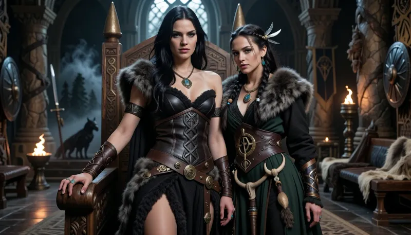 A beautiful adult Cimmerian princess stands in the great hall of a chieftain in Cimmeria, in a dark sword-and-sorcery world inspired by Conan. She is in her mid-twenties, tall, strong and regal, with pale weathered skin, storm-gray eyes, long thick raven-black hair, proud delicate features, and a calm, self-assured expression. She is beautiful in a fierce northern way, more powerful and delicate. She wears luxurious but harsh Cimmerian noble clothing suited to a brutal land, a dark wool loincloth layered with leather and heavy fur, fitted enough to show rank without looking modern, decorated with knotwork embroidery, bronze clasps, arm rings, belts and carved bone or stone jewelry. One hand rests on the carved arm of a heavy wooden throne.

Behind and slightly beside her stands her female Cimmerian shaman, advisor and lover. She is an equally beautiful adult woman, slightly taller, with pale skin, dark hair braided with bone beads and feathers, piercing gray eyes, and an intense, unreadable expression. She wears layered black, charcoal and deep forest-green robes of wool, fur and leather, decorated with runes, talismans, carved bone charms, antler pieces and ancient tribal symbols. She stands far closer than a mere advisor should, one hand resting lightly and possessively at the princess’s waist as she leans toward her ear as if whispering private counsel. The princess’s relaxed posture and faint private smile reveal intimacy, trust and conspiracy between them.

Subtle ancient magic surrounds the shaman, faint mist around her fingers, a dim cold blue-gray glow in her eyes, and the ghostly suggestion of a wolf, raven or shadowy ancestral spirit hidden in the darkness behind her. The hall is unmistakably Cimmerian, massive timber beams, rough stone walls, carved wooden pillars, animal pelts, shields, spears, bronze braziers, smoky firelight, long benches, ancient banners, and a distant opening showing bleak mountains, dark forests and a storm-heavy sky. The atmosphere is harsh, ancient, intimate and dangerous, with the feeling of tribal power, old bloodlines and forbidden northern magic. Cinematic full-body composition, princess dominant in the foreground, shaman intimately behind her, realistic anatomy, dramatic firelight and cold northern light, richly detailed fur, leather, wood and stone textures, photorealistic dark fantasy, epic sword-and-sorcery film still.