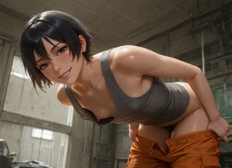 high quality, photorealistic, in messy old spaceship, electronic s-f devices, woman, dirty, sweating, (black short hair), freckles, slim, (flat chested), (orange cargo pants), (grey tank top), (big erect nipples), undressing, (pulling down pants), smile, happy, excited, (looking at viewer), (excessive pubic hair), (dripping juices:1.6)