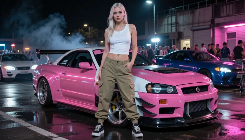 Photorealistic cinematic full-body portrait of a beautiful Danish Scandinavian female street racer in her mid-20s standing confidently in front of her heavily modified Nissan Skyline GT-R at an illegal nighttime street racing event. She has long platinum-blonde hair, striking blue eyes, fair Nordic skin, athletic feminine build, self-assured slightly rebellious expression. She wears a tight fitted white tank top, low-rise khaki cargo pants sitting loosely on her hips, practical sneakers, subtle silver jewelry.

Behind her is her personal highly tuned Nissan Skyline GT-R, aggressive Japanese tuner build, widebody kit, lowered suspension, large performance wheels, low-profile tires, huge intercooler, racing brakes, carbon-fiber details, aerodynamic front splitter and rear wing. Distinctive custom two-tone paint scheme, vivid hot pink and clean pearl white, glossy finish reflecting the surrounding neon lights. The car looks genuinely race-prepared rather than a showroom display.

Nighttime underground street racing meet in an industrial district, wet asphalt reflecting pink, blue and white neon, modified Japanese performance cars and small groups of racers in the background, headlights, faint tire smoke, portable work lights, energetic crowd atmosphere. She stands directly in front of her GT-R as if waiting for her race to be called, relaxed but focused, one hand casually resting near her cargo pocket, unmistakable owner-and-driver body language.

Low cinematic camera angle, 35mm automotive photography, shallow depth of field, realistic skin texture, realistic fabric folds, detailed platinum hair, accurate human anatomy, dramatic neon rim lighting, soft reflections across the car body, subtle atmospheric haze, gritty late-night street racing aesthetic, high-end editorial automotive photography, natural proportions, highly detailed, realistic, cinematic.