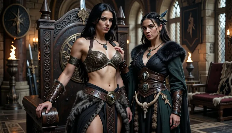A beautiful adult Cimmerian princess stands in the great hall of a chieftain in Cimmeria, in a dark sword-and-sorcery world inspired by Conan. She is in her mid-twenties, tall, strong and regal, with pale weathered skin, storm-gray eyes, long thick raven-black hair, proud delicate features, and a calm, self-assured expression. She is beautiful in a fierce northern way, more powerful and delicate. She wears luxurious but harsh Cimmerian noble clothing suited to a brutal land, a dark wool loincloth layered with leather and heavy fur, fitted enough to show rank without looking modern, decorated with knotwork embroidery, bronze clasps, arm rings, belts and carved bone or stone jewelry, and a tight fitted ornate bronze chainmail bikini top snugly containing her ample bosom. One hand rests on the carved arm of a heavy wooden throne.

Behind and slightly beside her stands her female Cimmerian shaman, advisor and lover. She is an equally beautiful adult woman, slightly taller, with pale skin, dark hair braided with bone beads and feathers, piercing gray eyes, and an intense, unreadable expression. She wears layered black, charcoal and deep forest-green robes of wool, fur and leather, decorated with runes, talismans, carved bone charms, antler pieces and ancient tribal symbols. She stands far closer than a mere advisor should, one hand resting lightly and possessively at the princess’s waist as she leans toward her ear as if whispering private counsel. The princess’s relaxed posture and faint private smile reveal intimacy, trust and conspiracy between them.

Subtle ancient magic surrounds the shaman, faint mist around her fingers, a dim cold blue-gray glow in her eyes, and the ghostly suggestion of a wolf, raven or shadowy ancestral spirit hidden in the darkness behind her. The hall is unmistakably Cimmerian, massive timber beams, rough stone walls, carved wooden pillars, animal pelts, shields, spears, bronze braziers, smoky firelight, long benches, ancient banners, and a distant opening showing bleak mountains, dark forests and a storm-heavy sky. The atmosphere is harsh, ancient, intimate and dangerous, with the feeling of tribal power, old bloodlines and forbidden northern magic. Cinematic full-body composition, princess dominant in the foreground, shaman intimately behind her, realistic anatomy, dramatic firelight and cold northern light, richly detailed fur, leather, wood and stone textures, photorealistic dark fantasy, epic sword-and-sorcery film still.