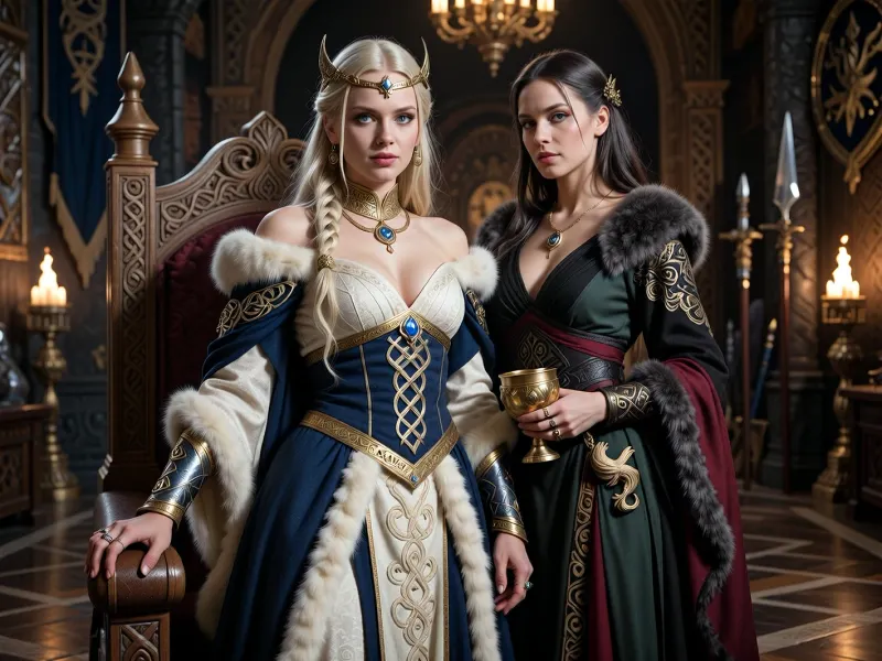 A beautiful adult Æsir princess stands in a magnificent royal hall in Asgard, in a dark mythic fantasy world inspired by Norse legend and heroic sword-and-sorcery. She is in her mid-twenties, tall, regal and powerful, with fair skin, striking blue-gray eyes, and long pale blonde hair braided with gold rings and small runic ornaments. Her features are noble, elegant and strong, and her expression is calm, proud and self-assured. She wears luxurious Asgardian royal clothing, a finely woven ivory and deep blue gown layered with rich wool, linen and fur, fitted but regal, with embroidered knotwork, gold trim, heavy arm rings, rings, a broad gold neck collar, and a delicate circlet shaped with subtle raven and sun motifs. One hand rests on the carved arm of a great wooden throne, the other loosely holds a ceremonial golden cup.

Behind and slightly beside her stands her female Æsir sorceress, advisor and lover. She is an equally beautiful adult woman, slightly taller, long ash-blonde hair, pale gray eyes, and an intense, unreadable expression. She wears layered robes in black, deep green and muted crimson, trimmed with fur and embroidered with runes and knotwork, adorned with gold jewelry, carved amber, and a small talisman shaped like a raven or serpent. She stands far closer than a mere advisor should, one hand resting lightly and possessively at the princess’s waist as she leans toward her ear as if whispering private counsel. The princess’s relaxed posture and faint private smile reveal intimacy, trust and conspiracy between them.

Subtle magic surrounds the sorceress, faint drifting mist around her fingers, a dim cold blue glow in her eyes, and the ghostly suggestion of ancient runes or a great spectral serpent or raven hidden in the shadows behind her. The hall is unmistakably Asgardian, towering carved wooden pillars, knotwork beams, braziers burning with warm firelight, banners, furs, shields and ceremonial spears on the walls, intricate carvings of gods and heroes, polished stone and wood floors, and distant arches opening toward a dramatic sky, mountains and golden light. The atmosphere is majestic, ancient, luxurious and dangerous, with the feeling of royal intrigue and old magic. Cinematic full-body composition, princess dominant in the foreground, sorceress intimately behind her, realistic anatomy, dramatic lighting, richly detailed fabrics, jewelry and architecture, photorealistic dark mythic fantasy, epic fantasy film still.