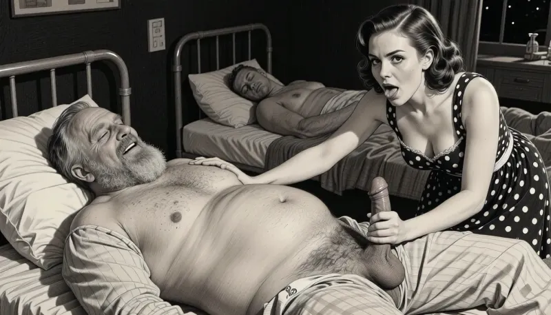 This is is a detailed monochromatic pencil drawing in a classical illustrative style depicts a scene set in USSR, in 1950s, In a hospital at night, in a darkened hospital room, a Obese ugly hairy bearded Caucasian old man lies on a bed in hospital pajamas .lustful mocking smile man's ugly face, Other patients sleep in the same room. His penis protrudes from his hospital pajamas, hairy testicles visible. A beautiful Russian brown elegant hairstyle curvy mother, she is wearing in polka dot sundress, stands beside him, her eyes wide and her expression very seductive. She holds his penis in hand, leans down, and sucks it intensely. blowjob, His hand on her head. Side lighting creates a dark and sexual atmosphere., The overall mood is intense, rendered in fine, expressive line work and subtle shading, evoking the style of 1950s satirical or moralistic illustrations.