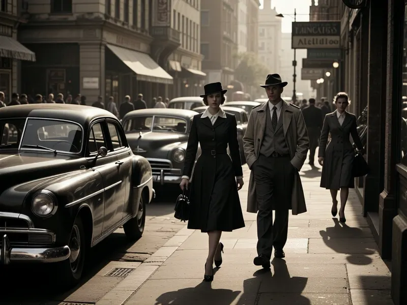 A hyper-realistic 1950s cinematic street scene, captured as an authentic vintage photograph. The image features a nostalgic urban atmosphere with classic mid-century cars parked along a bustling sidewalk, pedestrians dressed in tailored 1950s fashion including fedoras, trench coats, and A-line dresses. The aesthetic is defined by a rich sepia-toned monochrome palette, displaying authentic film grain, slight chemical imperfections, and soft vignette edges characteristic of old silver gelatin prints. The lighting is moody and dramatic, with long shadows cast by the afternoon sun, high contrast between deep blacks and warm sepia highlights. Composition is a wide street-level shot, evoking a sense of timeless elegance and historical storytelling, 8k resolution, cinematic film aesthetic, highly detailed textures.