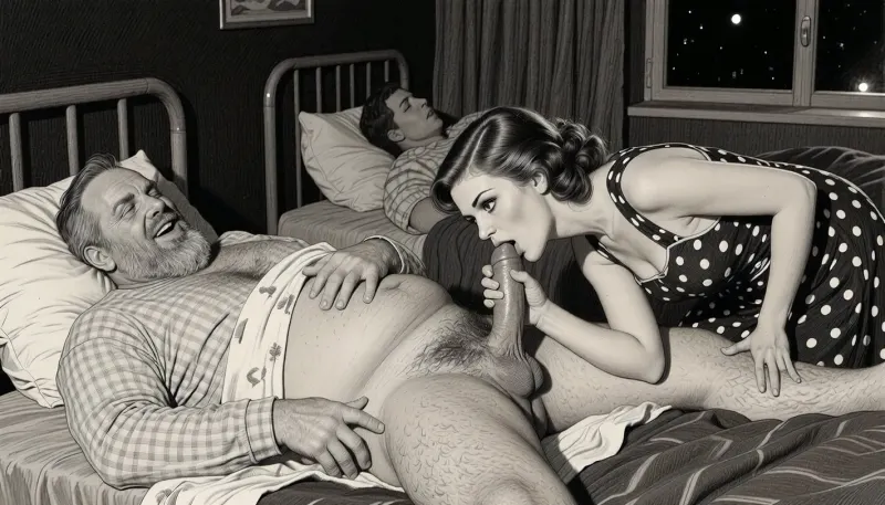 This is is a detailed monochromatic pencil drawing in a classical illustrative style depicts a scene set in USSR, in 1950s, In a hospital at night, in a darkened hospital room, a Obese ugly hairy bearded Caucasian old man lies on a bed in hospital pajamas .lustful mocking smile man's ugly face, Other patients sleep in the same room. His short penis protrudes from his hospital pajamas, hairy testicles visible. A beautiful Russian brown elegant hairstyle curvy mother, she is wearing in polka dot sundress, stands beside him, her eyes wide and her expression very seductive. She holds his penis in hand, leans down, and sucks it intensely. blowjob, His hand on her head. Side lighting creates a dark and sexual atmosphere., The overall mood is intense, rendered in fine, expressive line work and subtle shading, evoking the style of 1950s satirical or moralistic illustrations.