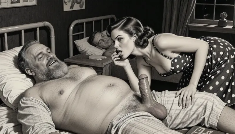This is is a detailed monochromatic pencil drawing in a classical illustrative style depicts a scene set in USSR, in 1950s, In a hospital at night, in a darkened hospital room, a Obese ugly hairy bearded Caucasian old man lies on a bed in hospital pajamas .lustful mocking smile man's ugly face, Other patients sleep in the same room. His penis protrudes from his hospital pajamas, his large, full testicles visible. A beautiful Russian brown elegant hairstyle curvy mother, she is wearing in polka dot sundress, stands beside him, her eyes wide and her expression very seductive. She holds his penis in hand, leans down, and sucks it intensely. blowjob, His hand on her head. Side lighting creates a dark and sexual atmosphere., The overall mood is intense, rendered in fine, expressive line work and subtle shading, evoking the style of 1950s satirical or moralistic illustrations.