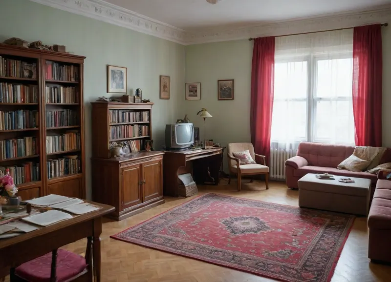 An ordinary cramped room in vintage Soviet style, no doubt girlish, a carpet on the floor, (the room isn't bihger than a standard carpet), a sofa on the left, a painting on the wall above the sofa, a teddy bear on the sofa, a desk under an open window, a tulle curtain on the window, a stack of textbooks and a desk lamp on the desk, hanging bookshelves on the right wall, several books, souvenirs and a small vase with flowers on the shelves, vintage entourage of the USSR era of the 1970s.