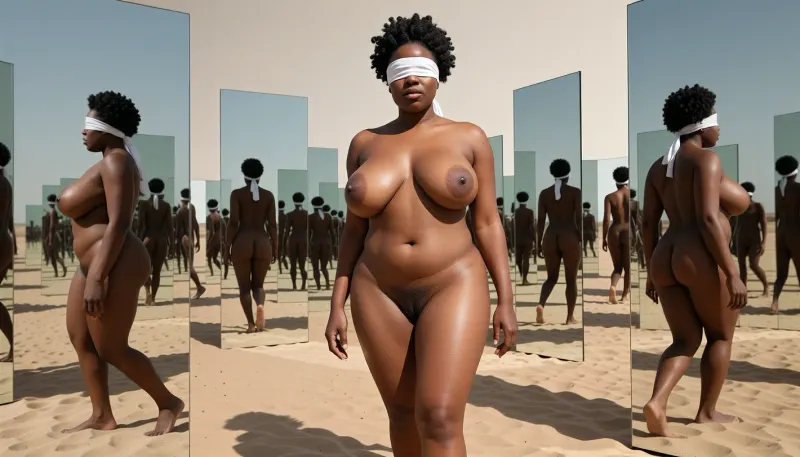 Desert of Mirrors — a blindfolded naked fat African woman, gigantic fat breasts, extremely hairy pussy, walks through an endless desert populated by giant mirrors. Every reflection shows her in different positions while the blindfolded figure herself remains unchanged. Chiaroscuro