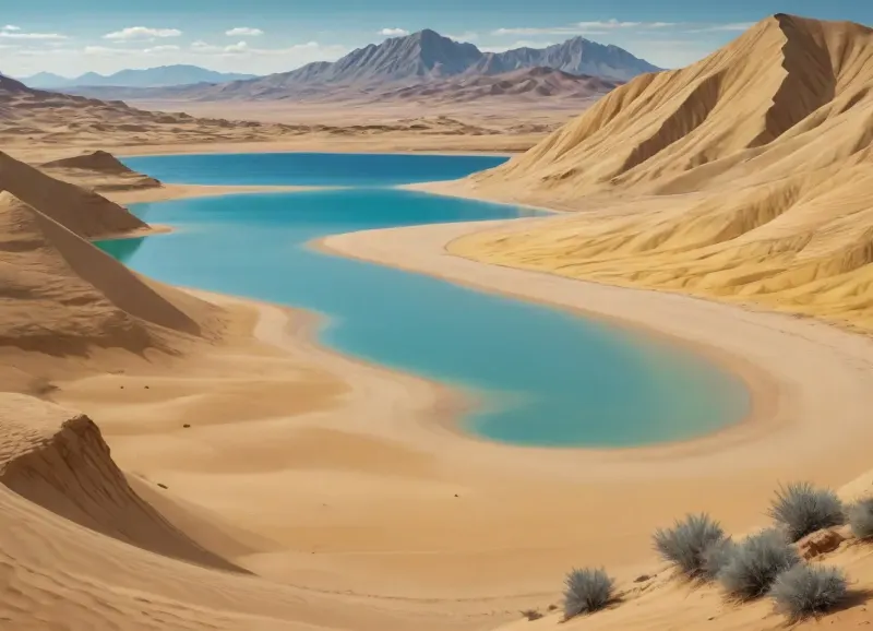 bright yellow sand beach with the dunes which contours outlined by dark brown lines in the foreground flows into the soft shapes of the high mountains in the background, their contours outlined by dark grey lines, aquamarine line of the reservoir separates the plans, laconism and graphicity in the drawing of landscape evoke images from ancient vase painting and enhance the dramatic effect, is enhanced by the light, which gives almost no shadows