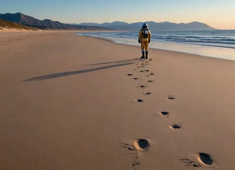 each color is solid and separated from the other by a thin line of a darker shade, bright yellow sand beach with the dunes which contours outlined by dark brown lines in the foreground flows into the soft shapes of the high mountains in the background, their contours outlined by dark grey lines, sky is dark blue, turning into purple in the distance, with red reflections over the mountains, it must be evening, aquamarine of the reservoir complete width of the field of view separates the beach from the mountains on the horizon, lonely small figure of a human in bright silver metal spacesuit with black face shield stands in foreground on the beach, a trail of footprints stretches across the sand from the human to the edge of the image, laconism and graphicity in the drawing of landscape evoke poster in constructivism style and enhance the dramatic effect, is enhanced by the light, which gives almost no shadows, the image is a symbol of loneliness and lostness in space