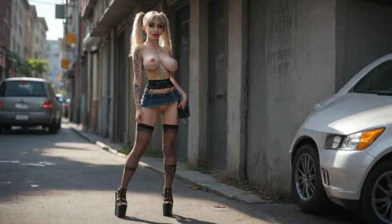 sunlight contrast, parking lot trash, (three prostitutebitches lots tattoos), (((big lips), lipstick falsesmile)), ((rolling big eyes)), (sexual clothing glowing colors), ((platform plateauheels high)), superwaist arching, microskirt xs, necklacestraps, overknee longsocks, ((small handbag)), microbikinitop, ((saggy breast sagging erect nipples oversized)), pigtails bangs whitehair clip, (((pantiepull flashing))), (puffy pussy stroking fingering vulva:1.2), round ass from side, standing slowwalk