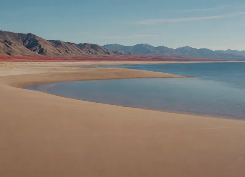 each color is solid and separated from the other by a thin line of a darker shade, bright yellow sand beach with the dunes which contours outlined by dark brown lines in the foreground flows into the soft shapes of the high mountains in the background, their contours outlined by dark grey lines, sky is dark blue, turning into purple in the distance, with red reflections over the mountains, it must be evening, aquamarine of the reservoir complete width of the field of view separates the beach from the mountains on the horizon, laconism and graphicity in the drawing of landscape evoke poster in constructivism style and enhance the dramatic effect, is enhanced by the light, which gives almost no shadows