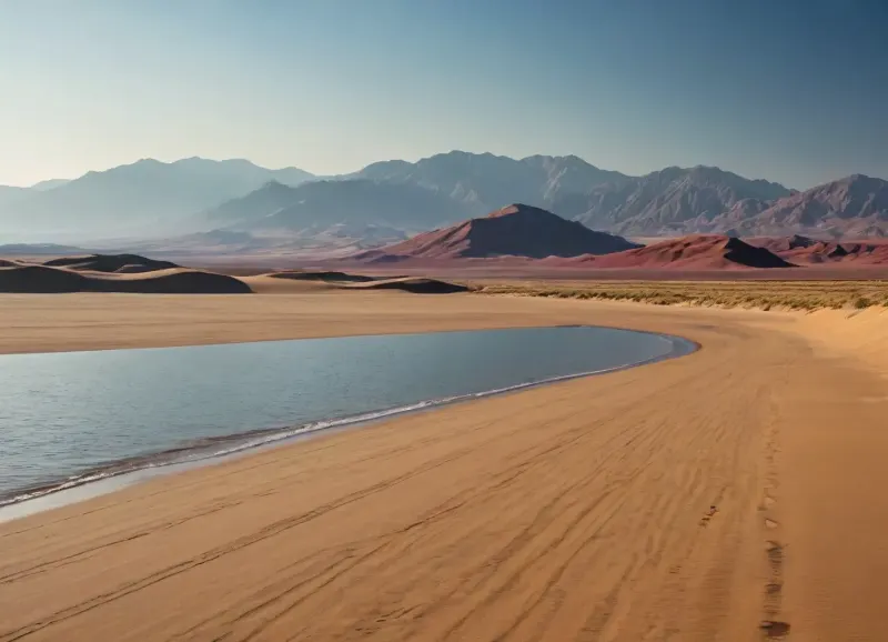 bright yellow sand beach with the dunes which contours outlined by dark brown lines in the foreground flows into the soft shapes of the high mountains in the background, their contours outlined by dark grey lines, sky is dark blue, turning into purple in the distance, with red reflections over the mountains, it must be evening, aquamarine line of the reservoir separates the beach and mountains on horizon, laconism and graphicity in the drawing of landscape evoke images from ancient vase painting and enhance the dramatic effect, is enhanced by the light, which gives almost no shadows