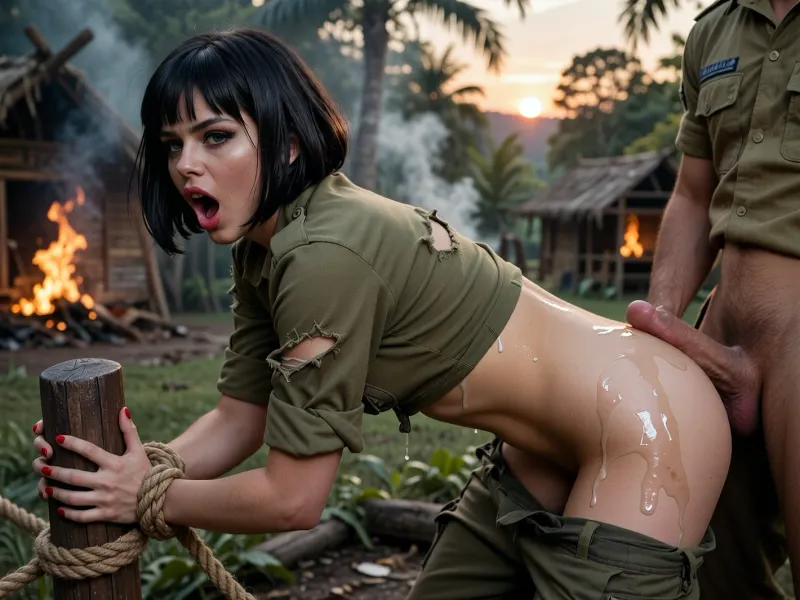 background is jungle, hut inside, burning huts, sundown, smoke, A 18 years old woman, medium boobs, black bob shiny straight haircut, she is wearing torn soldier unfiform, blue eyes, tiny waist, very pale skin, heavy make-up, cat-eye mascare, red lipstick, red fingernails, high cheekbones, her hands are tied to a wooden post with a rope, backside, she bent over wooden post, her pants dropped down, she is screaming

male in uniform stands behind her, males dick on her back, semen covered her back, semen covered her pant