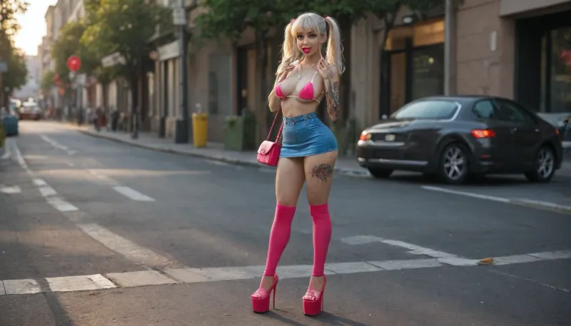 sunlight contrast, parking lot, (three prostitutebitches lots tattoos), ((huge lips lipstick eating finger cheeks smiling)), ((rolling big eyes)), (flashy clothing glowing colors), ((platform plateauheels high)), superwaist arching, mini microskirt, tight necklace, overknee longsocks, ((small handbag)), microbikini-top, (saggy breast sagging), pigtails bangs whitehair clip, (((pantiepull flashing))), (puffy pussy dildoing penetration:1.1), round ass from side, standing slowwalk