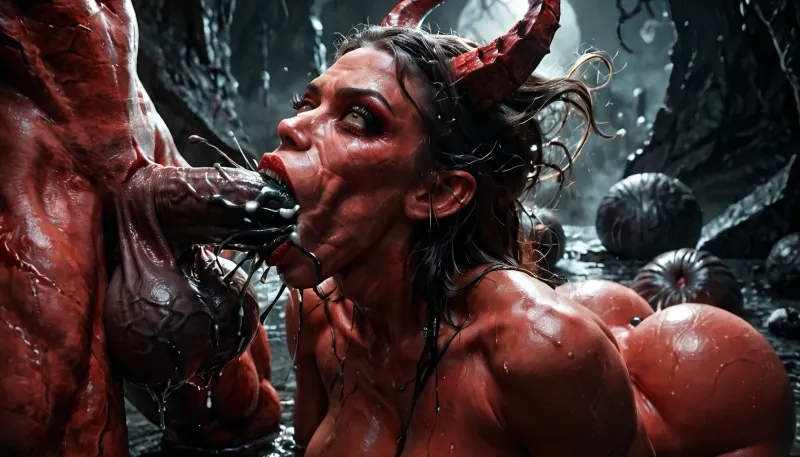 Hell, ((a very old devil woman is performing a deepthroat on a giant demon)), devil, horns, Large natural breasts, (wrinkled face), bubble butt, (deepthroat:1.2), (bouncing balls:1.4), cock with veins, (black cum:1.3), red water, Big eyes, Seductress, Wet hair, hundred candles, large distant view, FRESHIDEAS, Devil, girl, Red, Skin, demon, Black, wings, monster, creature, <lora:dark:1.1>, <lora:FRESHIDEAS Devil girl:1.2>, <lora:demonXL:1.5>