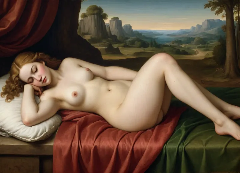 painting sleeping Venus, (Giorgione, 1510), younger Venus, petite, small, tiny, flat chested