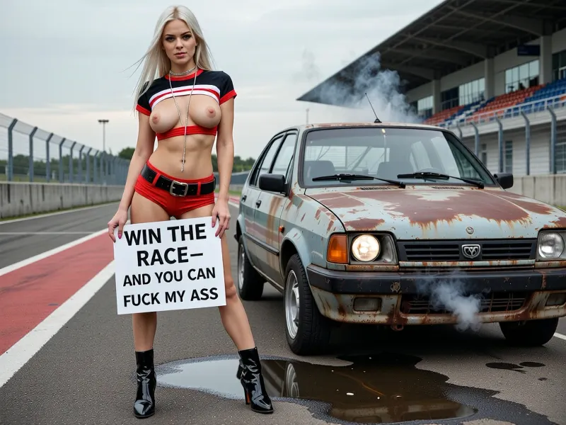 A photorealistic image of a young beautiful Scandinavian woman with long, straight, platinum blonde hair, standing full-length on a racetrack next to her old rusty run down 1985 Yugo GV, faint smoke coming from the engine of the 1985 Yugo GV. She is wearing a red, black, and white cropped top that is pulled down below her breasts, leaving them exposed. She is also wearing very short shorts in the same color as the top, a belt, and black patent leather high-heeled boots. Around her neck is a long, thin silver chain. The woman looks at the camera defiantly and with a slight smirk, holding a sign that reads WIN THE RACE—AND YOU CAN FUCK MY ASS, To her right, a rusty run down 1985 Yugo GV is visible, featuring one broken headlight, old worn out tires, and a rusting body, a large oil slick has formed under the car. In the background are the asphalt of the racetrack, metal guardrails, a modern grandstand made of concrete and glass, and a cloudy daytime sky. Diffused natural light, high detail in the leather, fabric, metal, and reflections, cinematic composition