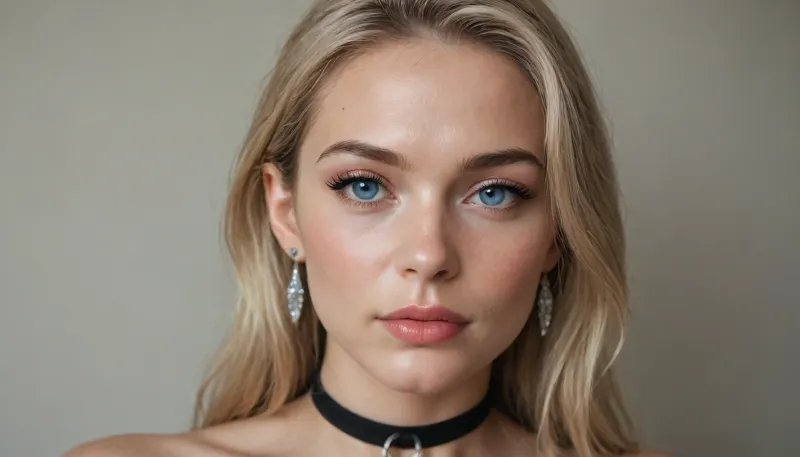 beautiful face, (sharp high cheekbones, sharp wide jawline, pointed chin:1.3), deep-blue eyes, subtle charcoal-gray eyeshadow, sharp thin black tightlining, long black eyelashes, soft medium-thin deep-brown eyebrows
full plump lips, glossy nude-pink lipstick
long straight blonde hair
long triangular crystal earrings, choker