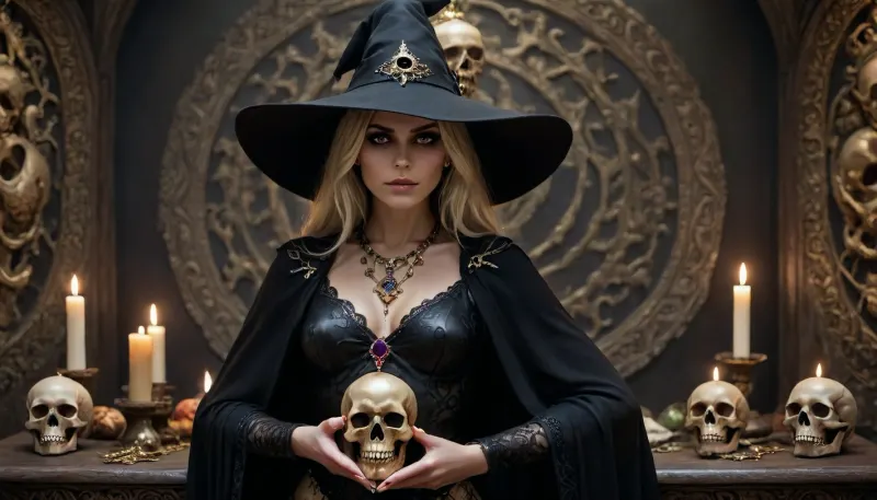 the witch with hat, ((sexy witch outfit:1)), lots of skin showing, black cape, blonde hair, jewelry, Necklace, Rings, on display skull, zcaster, <lora:Spellcaster_v4:1>