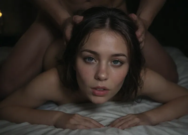 intimate photo, homemade, nocturnal scene, (night time:1.4), shy 18 yo girl, youthful face, third Asian, third African, third European, mixed race, anal, fucked for hours, fucked in all holes, messed up makeup, slim body, slapped buttocks, slapped on face, beautiful innocent big eyes, insanely adorable, cute, gorgeous, light freckles, (her face and expression showing a mix of submission and ecstasy and exhaustion), eyes roll into back of her head, big round athletic ass, luscious sensual lips, natural beauty, eternal beauty, ageless beauty, prone bone, moaning, sweaty, drooling, biting the bed sheet, creampie, waist, hourglass figure, dick in her ass, fucked in the ass, (holding head with hand), 3/4 view, full body view, full body shot, front view, ((close view of face)), moonlit, ultra detailed, masterpiece, hyper realistic and detailed faces and emotions, <lora:Facials:.5>, <lora:dark:.5>