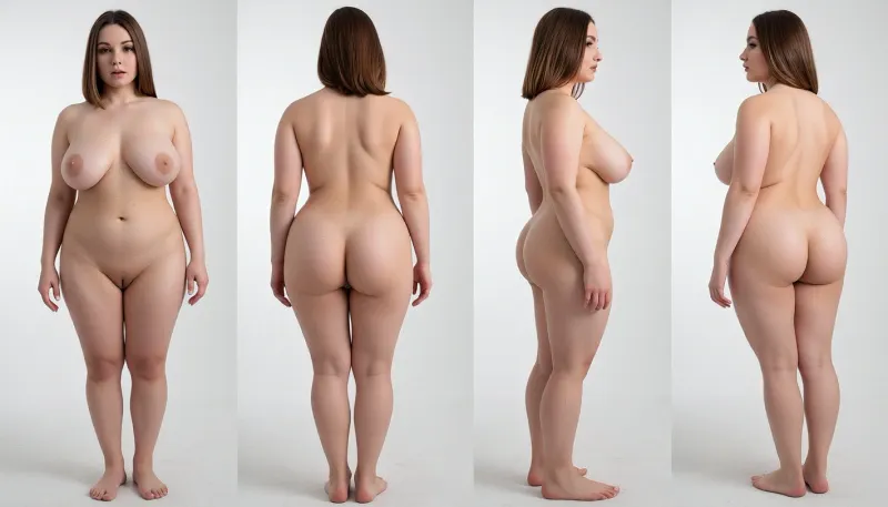stunningly beautiful 32 years woman, fully naked, standing with arms by her sides, (extremely big natural tits:1.8), (((voluptuous))), (((chubby))), neutral expression, photorealistic turnaround character sheet, four separate views, front view, back view, profile side view, three quarter view, formal studio lighting, shot against a seamless solid plain white studio backdrop, sharp focus