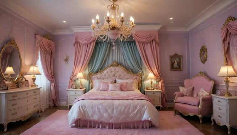 A bedroom decorated in shades of pink, in a princess-themed style