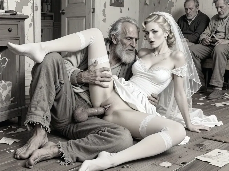 This is a detailed monochromatic pencil drawing in a classical illustrative style depicts a scene set in 1950s, Rough, hardcore sex in an abandoned house. very old homeless man fucks a A 20 years old bride missionary style, lying on the dirty floor. The homeless man's penis is inside the bride's pussy. A 20 years old blonde bride, wears an elegant white wedding dress, The wedding veil on her head, . Her shoulders are relaxed, her chin is slightly raised. elegant white wedding dress hiked up to her waist. White stockings with garters. Her beautiful, firm breasts are visible. A very old homeless man, (90 years old), a very decrepit old man, is having sex with her. They rough grabs her tits.His clothes are worn and layered, rough fabrics, faded colors, frayed edges, visible signs of aging and texture., (His pants are pulled down, cock and hairy scrotum are visible:1.4), . He is having sex with a woman, penetrating her hairy vagina with his penis. Sex, vaginal penetration, missionary position, woman lying on the floor. Female orgasm. Other homeless old men are sitting and watching them masturbating, Group sex.The overall mood is intense, rendered in fine, expressive line work and subtle shading, evoking the style of 1950s satirical or moralistic illustrations.