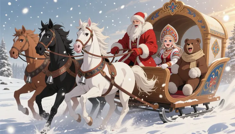 A dynamic animated wide shot depicting a traditional Russian winter troika merrily racing across the white snow. The scene features three different horses—a chestnut, a black, and a white—with silver bells hanging from their harnesses. Inside the richly decorated wooden sleigh, behind the horses, three clearly distinguishable characters are laughing joyfully, Grandfather Frost in a red fur coat, the beautiful Snow Maiden in an exquisite Russian kokoshnik, and a cheerful teddy bear wearing a scarf and fur mittens. Sparkling snow, magical low winter sunlight, professional dynamic photography, and snow-covered fir trees. The style of a fairy-tale illustration in the spirit of Soviet postcards.