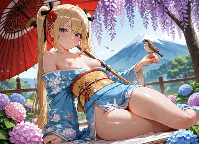 character, marie_rose, Marie_rose is a girl with long blonde twintails tied with black ribbons, and sparkling blue eyes., 1girl, animal print, bird, bird on hand, bird print, blue kimono, blush, butterfly print, chrysanthemum print, crane, (animal), day, fish print, floral print, flower, furisode, hair flower, hair ornament, holding, holding umbrella, hydrangea, japanese clothes, kanzashi, kimono, leaf, long sleeves, looking at viewer, mount fuji, nature, obi, obidome, oil-paper umbrella, outdoors, peony print, print kimono, sash, smile, solo, sparrow, tree, umbrella, umbrella over shoulder, wide sleeves, wisteria, (Petite:1.6), shiny skin, oiled skin, dynamic pose, dynamic view, bending back, detailed artwork, clean composition, featuring high-resolution textures and sharp details.perfecteyes, cute pink nipples, Off the shoulders, <lora:荻pote_XL:1.2>, <lora:LCMTurboMix_Euler_A_fix:.5>, <lora:PerfectEyesXL:1>