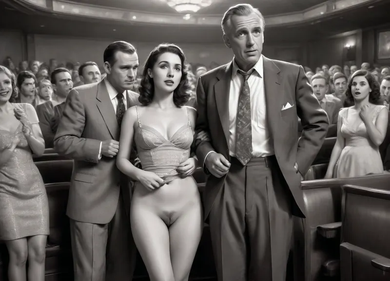 This is a detailed monochromatic pencil drawing in a classical illustrative style depicts a scene set in in the movie theater in the 1950s.2 old men and 1woman are сидят на сиденьях кинотеатра with the girl in the middle, woman strokes both old men for double handjobs, woman is wearing a 1950s dress and Her dress is slightly pulled up, she is wearing brown stockings but no panties, no shoes. her genitals are slightly visible, Her knees are spread. both old men are casually dressed with open trousers and errected dicks, with brown hair, men are looking sexually aroused and lustful, sweaty, candid amateur picture, man is fully visible, men are looking into camera, . The overall style is a black and white pencil drawing, capturing a candid moment. The scene has a formal, organized atmosphere. The overall mood is intense, rendered in fine, expressive line work and subtle shading, evoking the style of 1950s satirical or moralistic illustrations., skirtlift, <lora:skirtlift_xl:1.5>