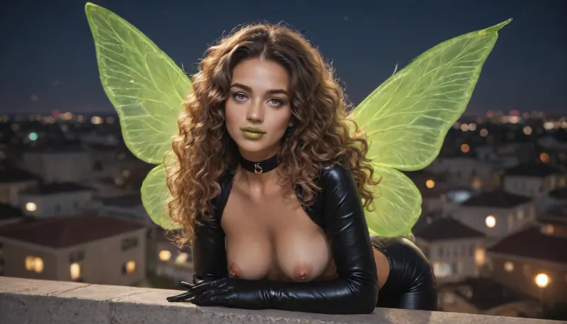 lean, v-abs, (long wavy lime hair:1.3), (glimming pink eyes:1.3), (dark green lips:1.3), sunkiss tan skin, large etheral transluscent butterfly wings, skimpy leather catsuit, rooftop party, night, stars, solo