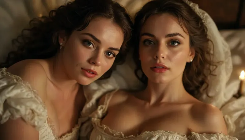 (((Multiple women four women Extreme closeup on faces:1.5))), (((skinny busty:1.5))), 50 year old MILF, (((young madame dimitriescu as French 1770s prostitute))), (((threadbare torn white medieval dress))), makeup, beautiful detailed eyes, depth blur, key visual, vibrant, highly detailed, lying on a bed, (((at night, in the dark))), (((viewed from overhead))), torchlit, <lora:bombshell_v2:1.6>, <lora:MJ52:.1>