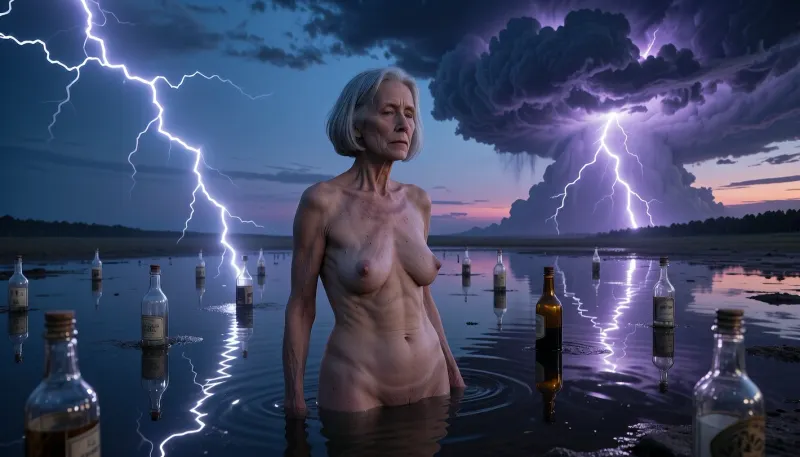 A cinematic sci-fi fantasy artwork, (an aged woman, 70 years old, Her skin is that of a 70-year-old woman. The old lady has grey, Small, long, and very saggy breasts, ((very detailed skin)), . Hair cut in a bob . A cinematic, surreal artistic composition featuring a woman standing in a vast, shallow water landscape that acts as a mirror, reflecting the twilight sky. Multiple vintage glass bottles are scattered across the water's surface, each one serving as a conduit for brilliant, crackling bolts of white lightning that strike upward into the dark, stormy atmosphere. one large, billowing, dense storm cloud hangs in the upper right, illuminated by the discharge. The lighting is dramatic and high-contrast, with intense electric glows contrasting against the deep blue and purple hues of the dusk sky. Photorealistic, masterpiece, high detail, sharp focus, atmospheric, mystical, electrifying energy, wet surface reflections, dramatic long shadows, wide-angle lens, 8k resolution.)