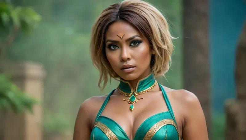 sandstorm priestess, (cosplay), (Vietnamese milf), striptease, dark skin, dark and elegant background, high fantasy, <lora:Portrait_perfection:.8>, green, eyes, blue, brown, perfecteyes, <lora:PerfectEyesXL:.8>