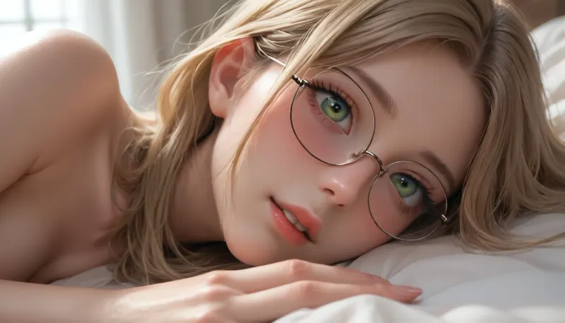 (long eyelashes), blue eyes, blond hair, straight hair, long hair, (strong blush), (big glasses), (small tits), (sparkling eyes), (yellow-green eyes), young, petite, naked, lip bite, oiled up skin, slim waist, lying on bed, spread pussy, <lora:Jeweled eyes-NAI:.5>