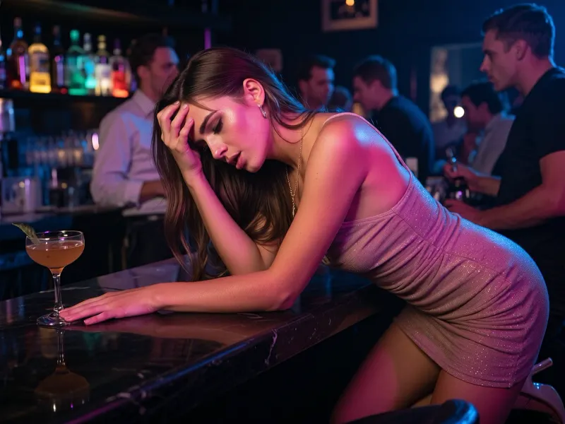 Ultra low-key cinematic nightclub realism, dramatic underexposure, deep blacks, saturated neon magenta and electric blue separation, warm amber rim light, glossy reflections, smoky haze, subtle analog film grain, premium full-frame mirrorless look, thirty-five millimeter prime lens, f one point four, shallow depth of field, crisp foreground detail. At a crowded bar, a woman, 28 years old, visibly extremely drunk, leaning hard on the polished counter with both hands, shoulders tight, head tilted down, hair falling across her face, cheeks flushed, eyes glossy and unfocused, lips parted, looking overwhelmed and sick yet still magnetic in a nightclub way. short fitted party dress with slightly twisted straps, subtle rumples, glitter catching the neon, smudged eyeliner, delicate jewelry, one heel angled awkwardly, a half-spilled cocktail nearby. Background crowd and bartender blurred in soft focus, colorful bottles glowing behind, absolute focus on her posture and emotional state, realistic skin texture, natural hands, strong line definition, fabric weave, glass refraction