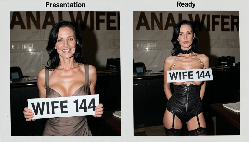 polaroid photo, side-by-side two pictures of the same standing mature french 58yo woman, same face in both pictures, very sagging skin, (full same body in both pictures), black dyed hair, realistic mature skin, woman, first picture smiling and wearing a sexy everyday dress, in the second picture she is wearing sexy lingerie, corset, pants, bra, stockings, high heels, thick bdsm collar. natural face, In the first picture she is standing and is holding with two hands a sign that says "WIFE 144".In the second picture she has hung a sign in her neck that says "WIFE 144" and she has her hands back.Please make an extreme contrast from first picture to second picture. the woman has to be the same woman on both pictures. Background is exactly de same for both pictures, a company chief big office with the word "ANALWIFER" graved on the wall. Her body in both pictures is exactly the same size and form.
A caption on the top is written on the first picture 'Presentation'.
A caption on the top is written on the first picture 'Ready'.
Hard, direct, pop-up style frontal camera flash lighting, creating extreme high contrast between brightly lit foreground subjects and a deeply shadowed, dark background. The skin has a distinct glistening, sweaty-look sheen. Rapid fall-off of light into chaos and darkness in the distance. Retro flash color rendering with harsh highlights and potential red-eye effect.
